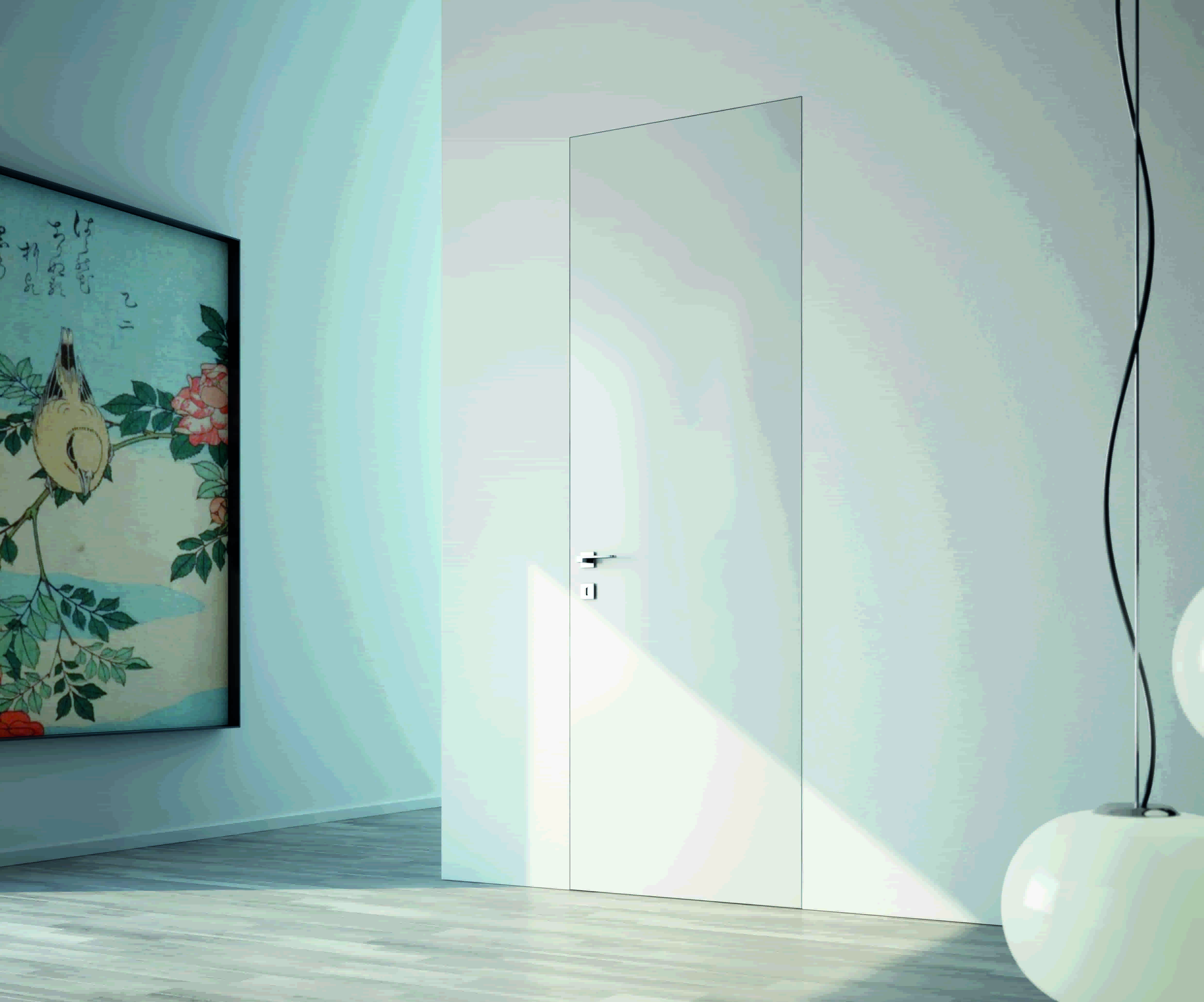 светлая Эмалированная дверь невидимка в интерьере квартиры