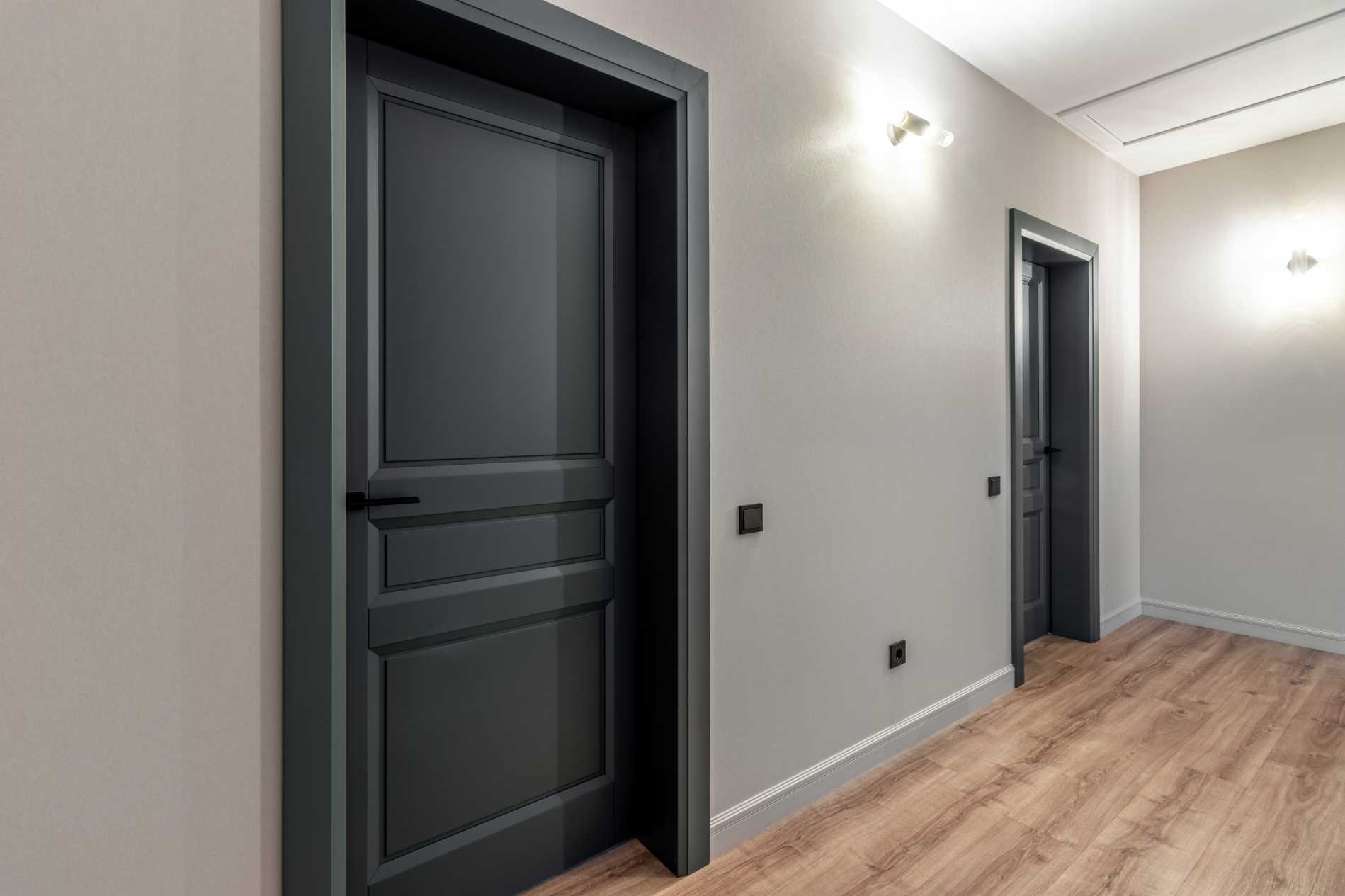 Черная эмалированная дверь в интерьере коридора